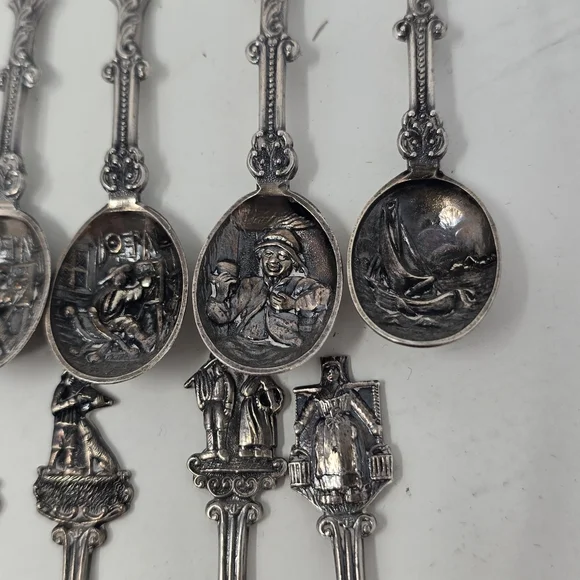 Vtg Holland Dutch demitasse mini spoons stamped novelty ornate figural set of 12 - Picture 10 of 10
